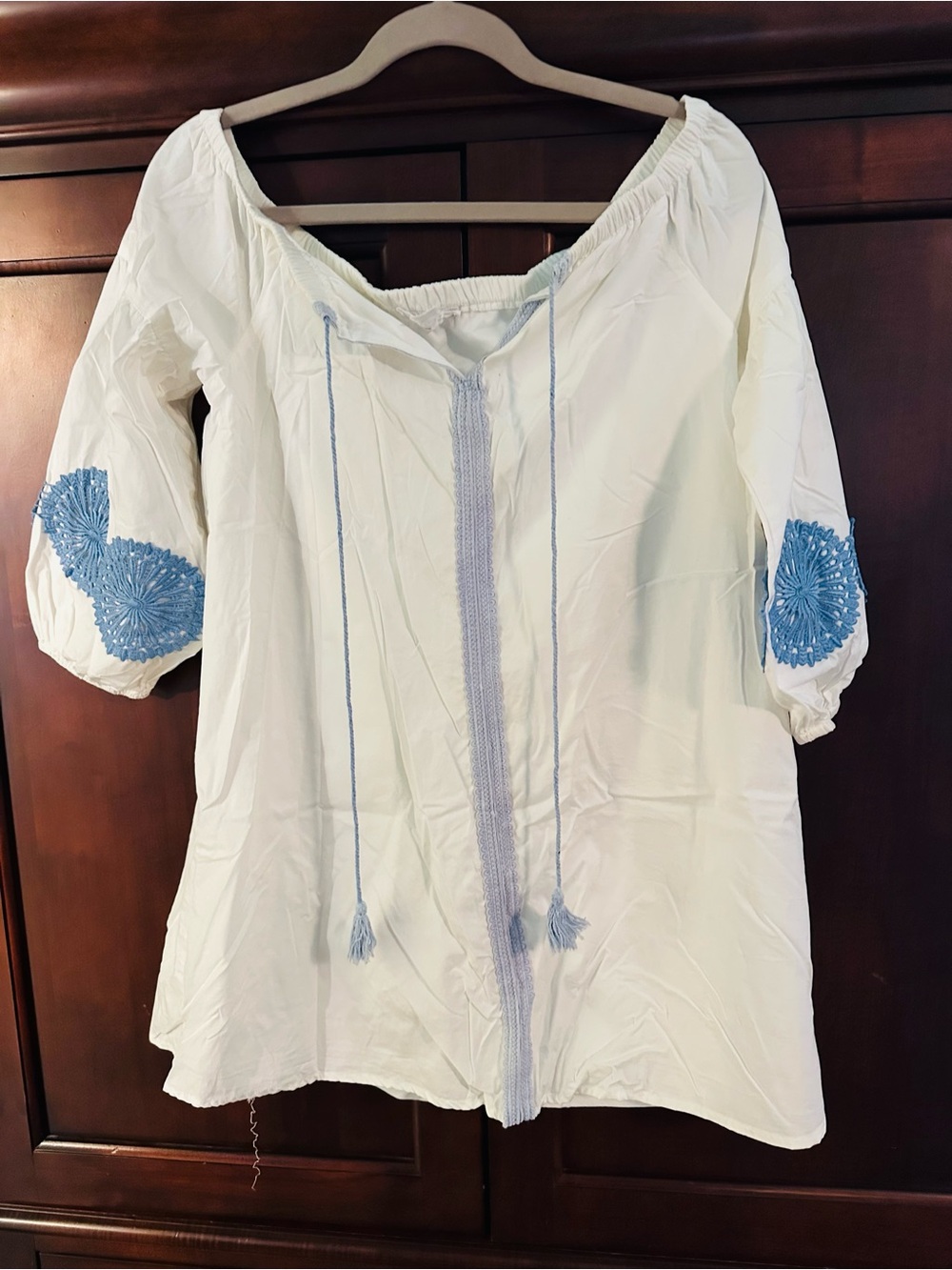 Love Riche White Peasant dress with Blue Embroidery